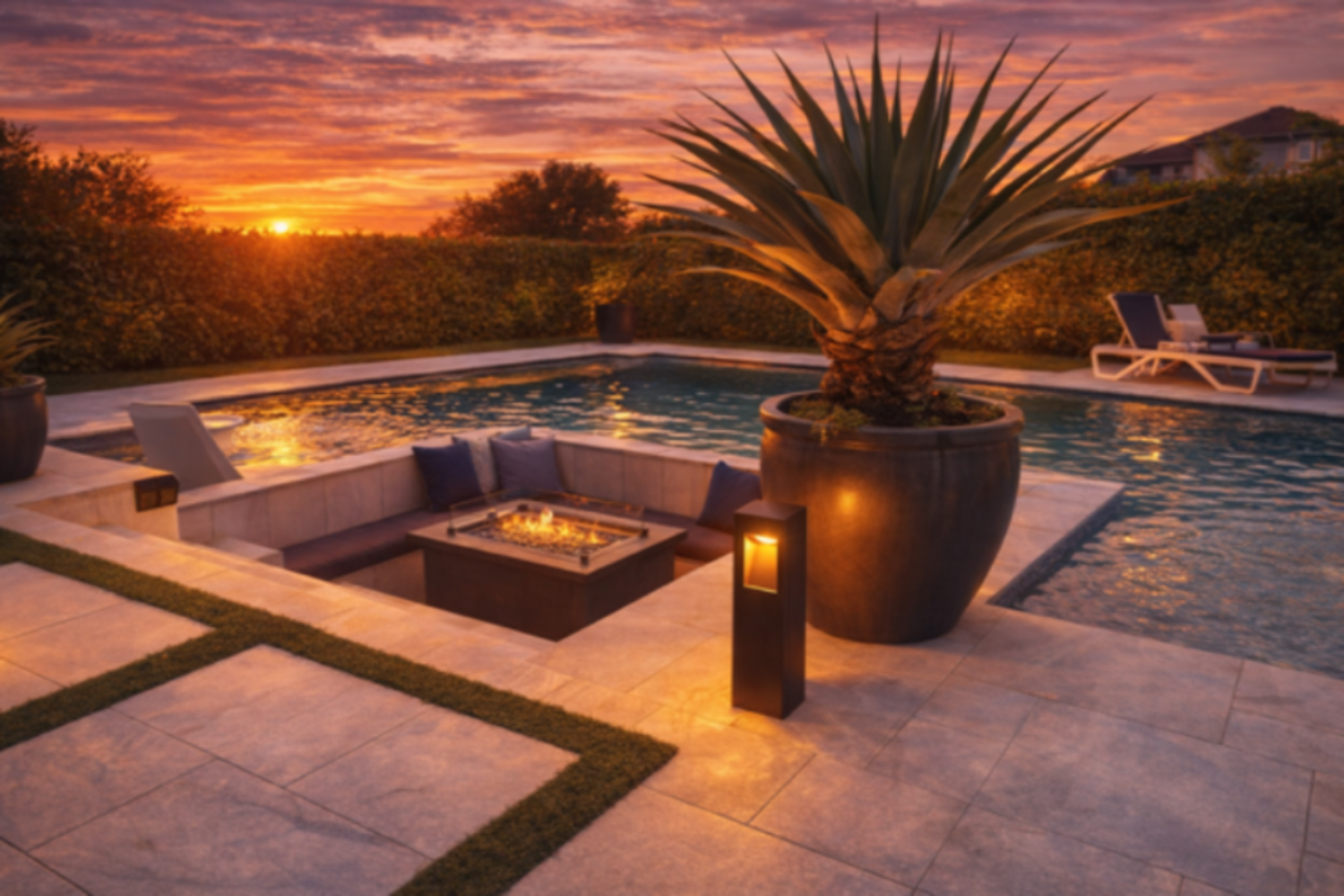 Modern solar bollard lights illuminating poolside patio at sunset with 3000k 