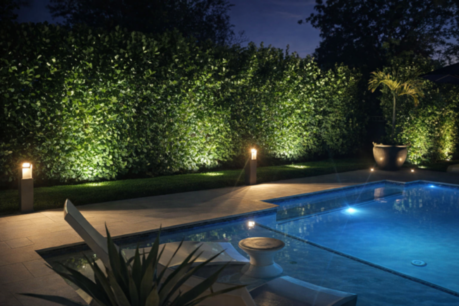 Solar bollard lights illuminating a moder backyard pool and landscape hedge at night