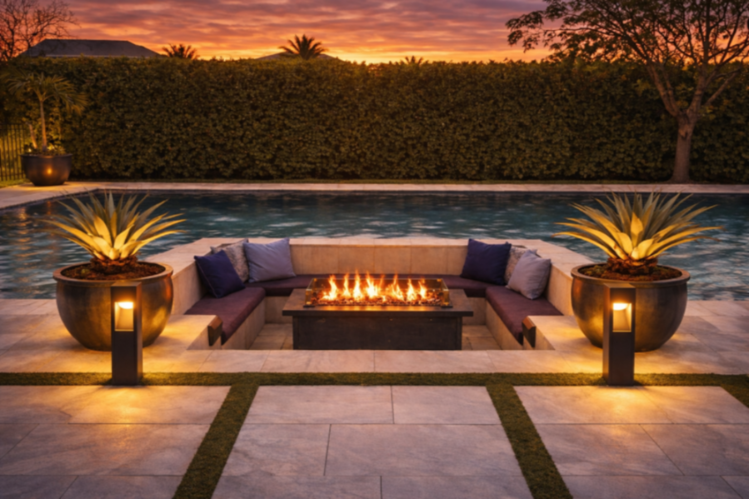 Modern solar path lights illuminating poolside seating area with fire pit -
 warm 3000k outdoor lighting